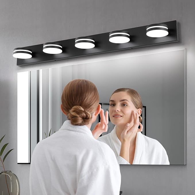 5 Light Bathroom Vanity Light, 30W LED Black Bathroom Light Fixtures Over Mirror, Dimmable Bath Lights, Wall Sconce Light with Milky White Acrylic Shades, Rotatable Lights Head