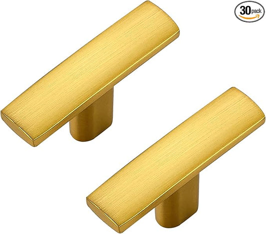 30 Pack Gold Cabinet Knobs - Curved Cabinet Pulls Brushed Brass Knobs for Kitchen Drawer Solid Dresser Pulls for Kitchen Hardware 1-3/4in Length Single Hole