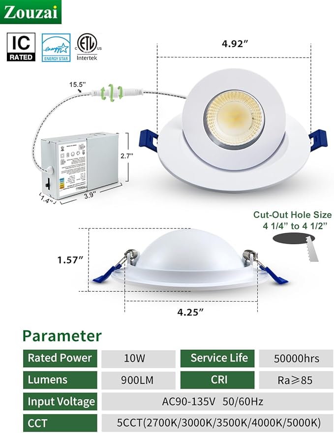 zouzai 1 Pack 4 inch 5CCT LED Gimbal Led Recessed Light with Junction Box, 360ยฐ+90ยฐ Adjustable Directional Eyeball Lighting, Dimmable, 2700K/3000K/3500K/4000K/5000K, 960LM, 10W=90W-ETL&Energy Star