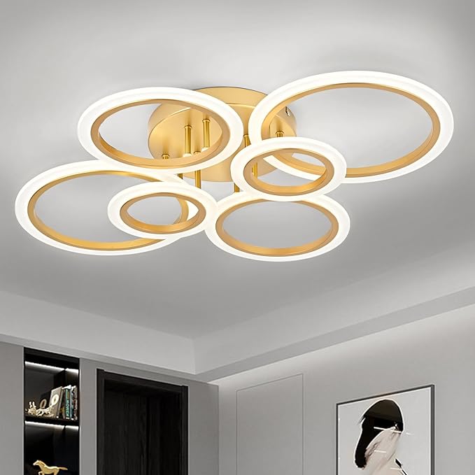 Modern LED Ceiling Light, Gold 6 Rings Flush Mount Ceiling Light, 4000K Lighting Fixture Ceiling Lamp for Kitchen, Bedroom, Living Room, Laundry Room