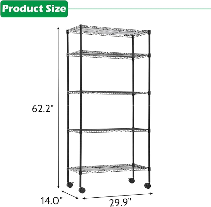 PayLessHere | 5-Tier Wire Shelf with Wheels | 14"x30"x60" | Black | Adjustable Racks | Heavy-Duty Storage Shelves, Holds Upto 220 lbs | Rust-Resistant, No-Tool Assembly | for Home, Garage Shelving
