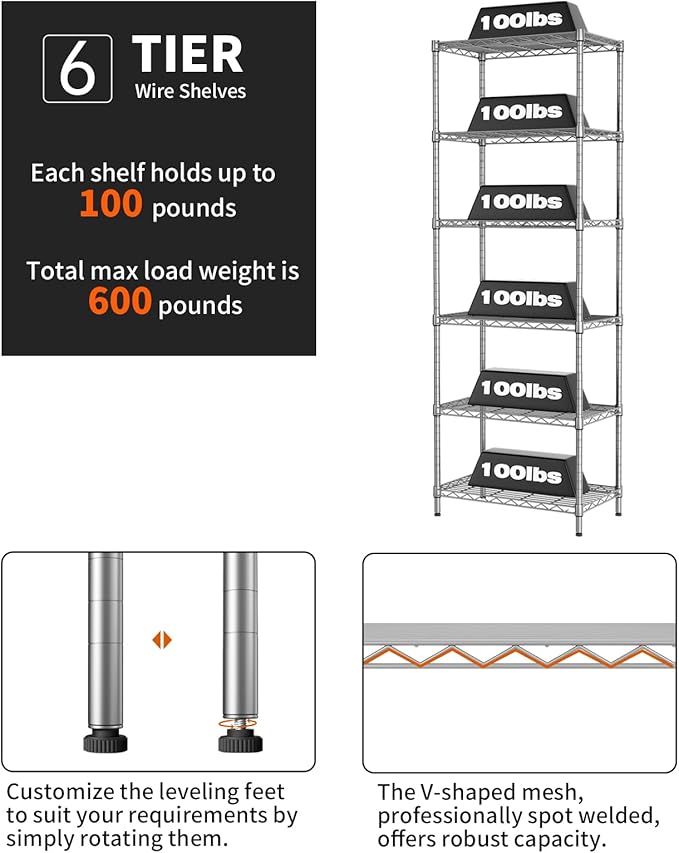 SINGAYE 6 Shelf Wire Shelving Unit Adjustable Metal Shelves Standing Bathroom Organizers and Storage Wire Closet Metal Pantry Kitchen 12" DX22 W 69.5" H Gray