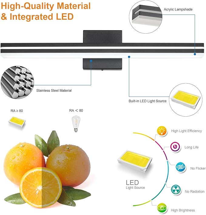 SineRise LED Modern Bathroom Vanity Light Bar (24-Inch, 3000K/4000K/6000K), Matte Black Dimmable Modern Acrylic Bathroom Wall Lighting Fixtures Over Mirror