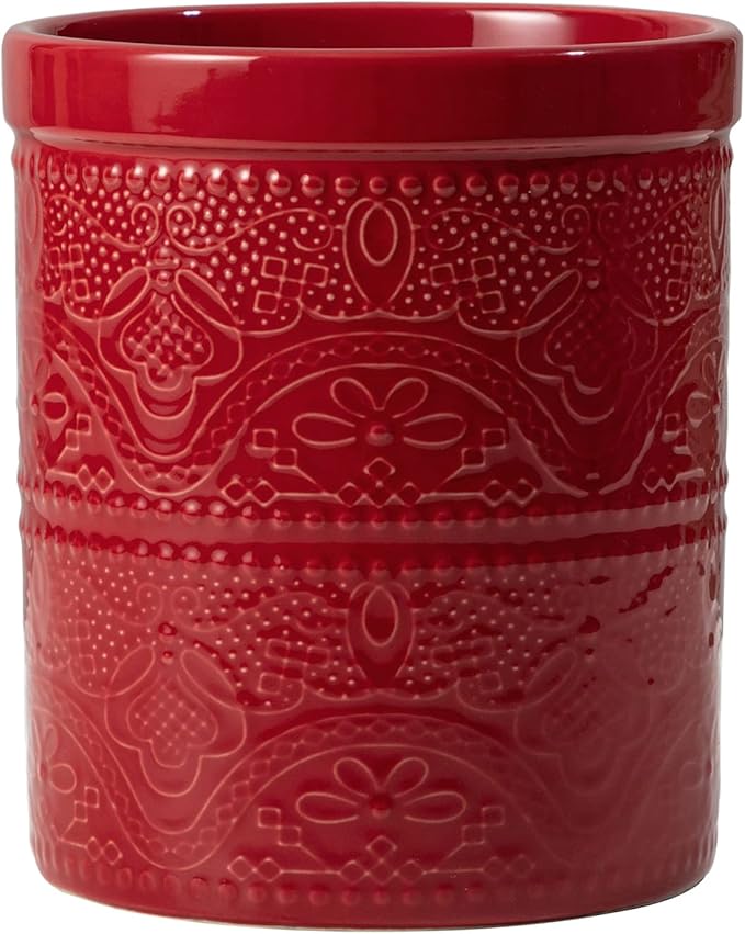 FUN ELEMENTS Kitchen Utensil Holder, 7.2" Super Large Utensil Crock Heavy and Stable Lace Emboss Ceramic Utensil Holder for Kitchen Counter (Christmas Red)