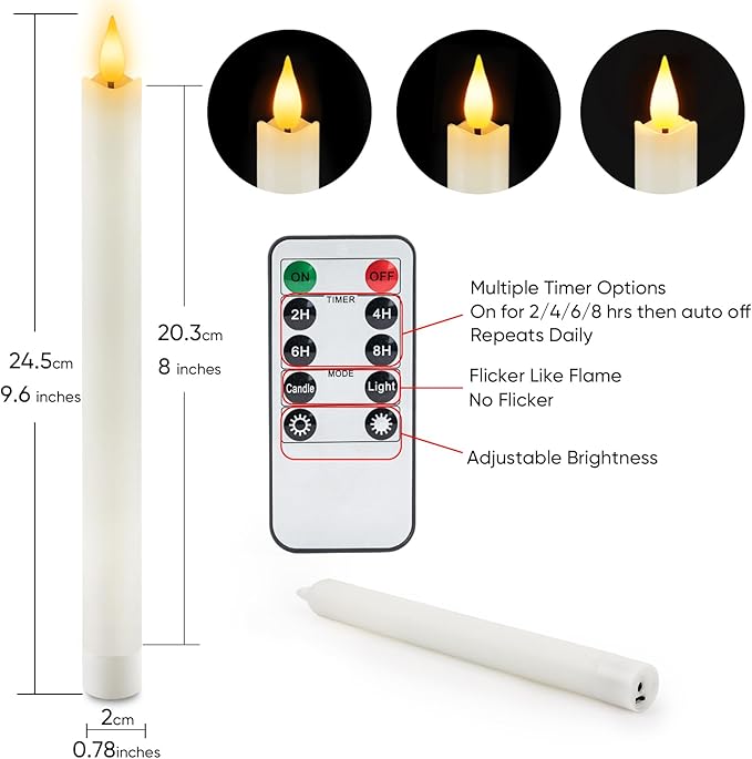 Homemory Rechargeable Flameless Taper Candles, Real Waxy LED Candlesticks Flickering, Battery Operated Candles with Remote Timer, 9.6 Inches for Home Wedding Christmas Decor, 6 Pcs, White