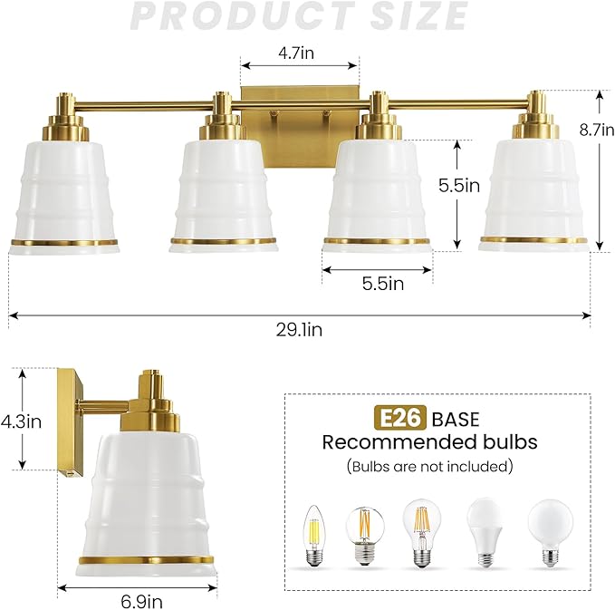 Gold Bathroom Vanity Light Fixture, 4 Light Bathroom Light Fixtures Over Mirror with Milky White Glass and Metal Base Wall Sconce, 29.1 inch Modern Vanity Light for Bathroom(Exclude E26 Bulb)