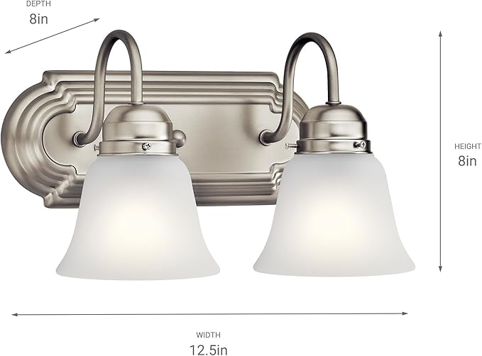 Kichler 12.25" 2-Light Vanity Bath Light in Brushed Nickel, Modern Bathroom Light with Clear Satin Etched Glass, (12.25" W x 8" H), 5336NIS