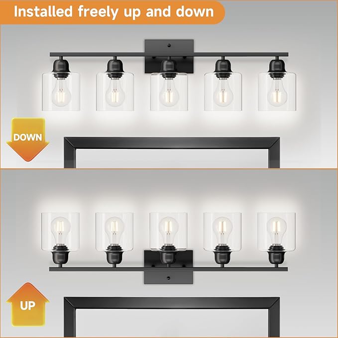 5 Light Bathroom Vanity Light, Bathroom Light Fixtures Black with Clear Glass,30 inch Vanity Lights for Mirror Living Room Bedroom Hallway E26 Base