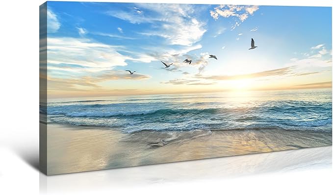Dimpoli Beach Ocean Canvas Wall Art, Ocean Seagull Birds Blue Natural Scene Artwork Decorations for Home Living Room Decor 48x24 Inches