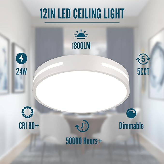 LED Ceiling Light Flush Mount 24W, White Bedroom Light Fixture Ceiling Mount Dimmable 2 Pack, 12 inch Close to Ceiling Light Fixture 5CCT for Kitchen, Bathroom, Living Room