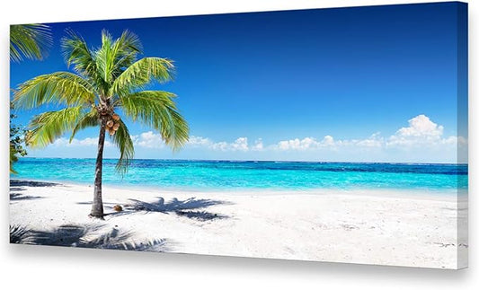 Baisuart-Large Canvas Wall Art Summer Ocean Waves Coconut Trees on Sands Beach Seascape Painting Sea Nature Pictures for Living Room Home Office Wall Decor Artwork