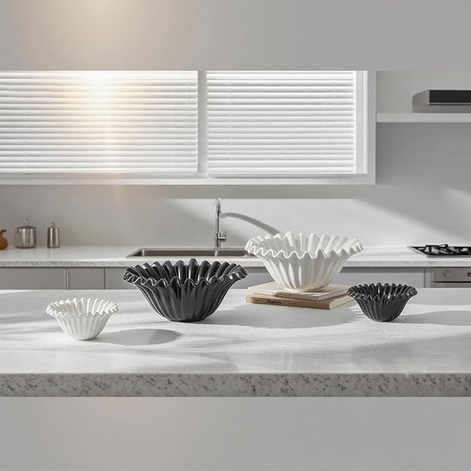 Large Decorative Bowl, 10 inches Porcelain Fruit Bowl for Kitchen Counter HandCrafted Ruffle Bowl for Home Decor Stylish Flower Dish for Party, White