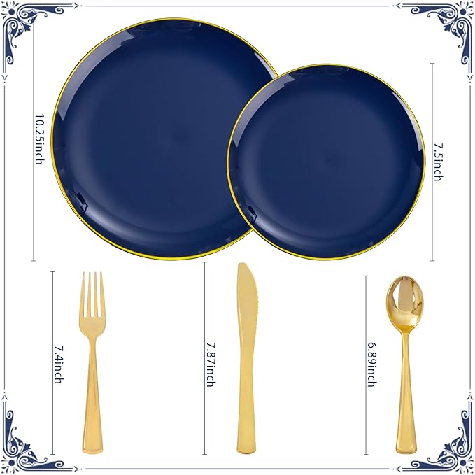 YOUBET 125PCS Blue Plastic Plates - Blue and Gold Plates - Navy Blue Disposable Plates With Gold Rim Include 25 Dinner Plate, 25 Dessert Plate, 75 Golden Silverware Cutlery for Party & Wedding