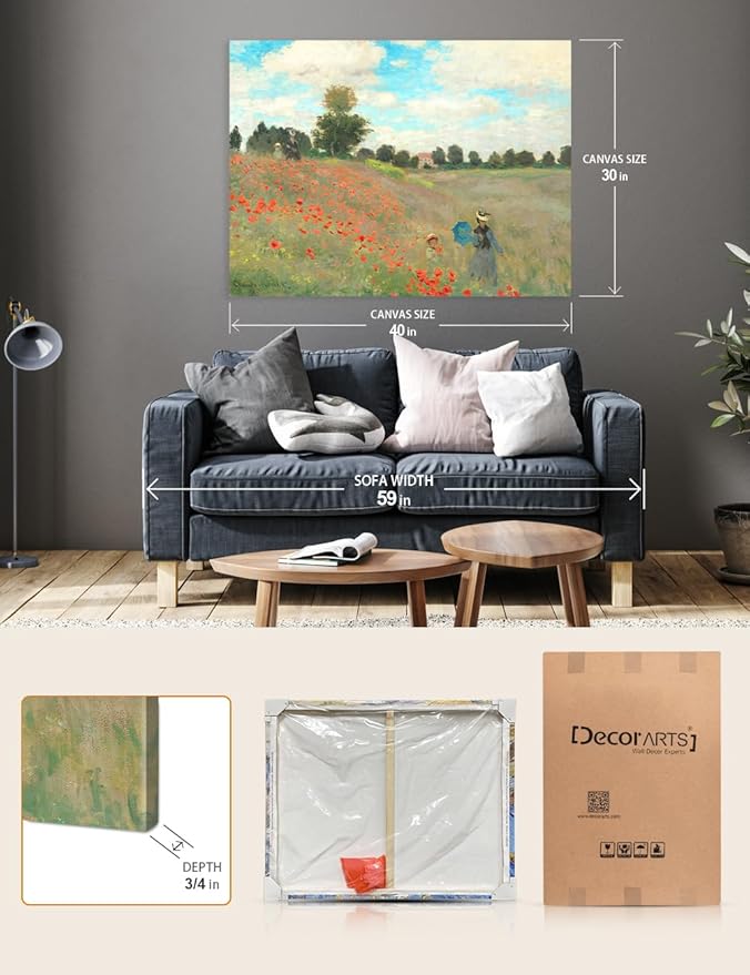 DECORARTS - Poppies at Argenteuil (1873) by Claude Monet, Museum-Quality Giclee Canvas Print, Wall Art Reproduction, 40" W x 30" H, Made in USA