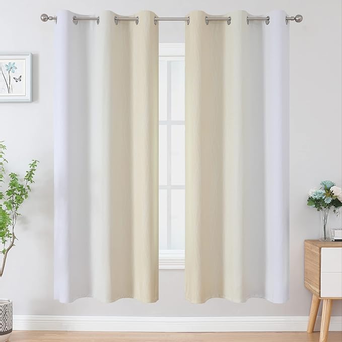 Estelar Textiler Full Room Darkening Blackout Curtains 72 Inch Length 2 Panels Set, Ombre Greyish White and Beige Thermal Insulated Full Light Blocking Grommet Blackout Drapes for Bedroom, 42Wx72L