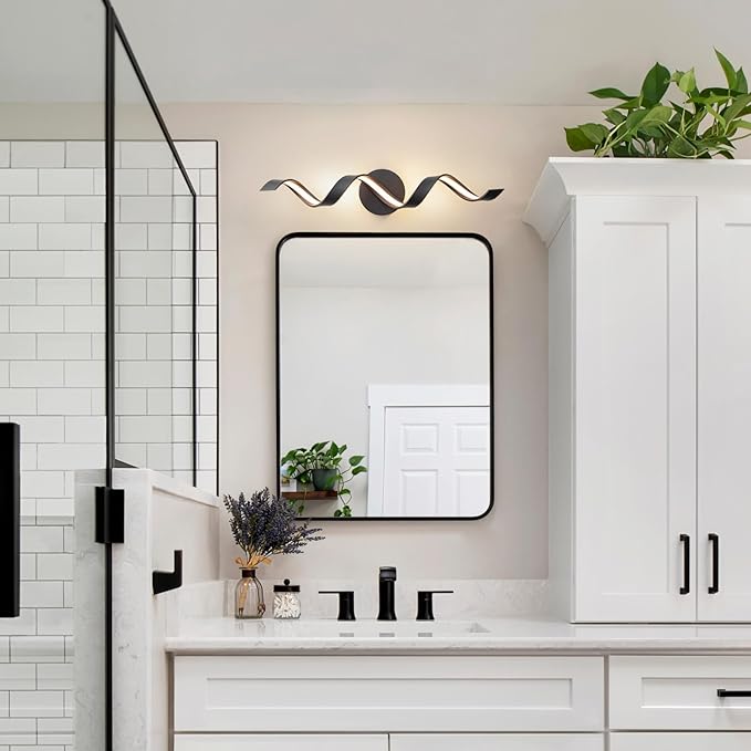 Dimmable Modern Bathroom Vanity Lights, 24 inch Spiral Design Black LED Bathroom Wall Light Fixtures Over Mirror for Living Room Bedroom 3000K Warm Light
