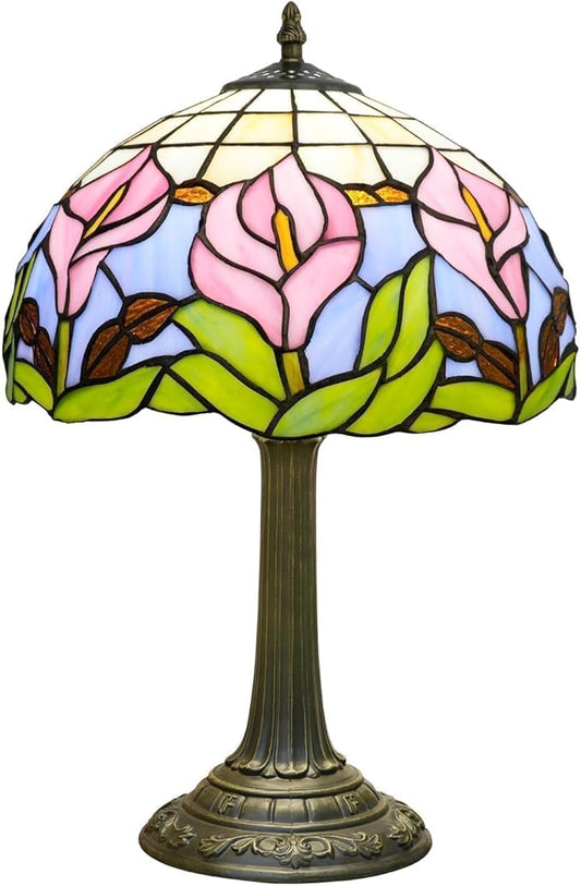 Tiffany Lamp 12 Inch Blue Pink Calla Lily Victorian Stained Glass Table Lamp Antique Bedside Reading Lamp For Bedroom Nightstand Office Light Dorm Room Decor Tiffany Style Retro Home Decoration Gifts