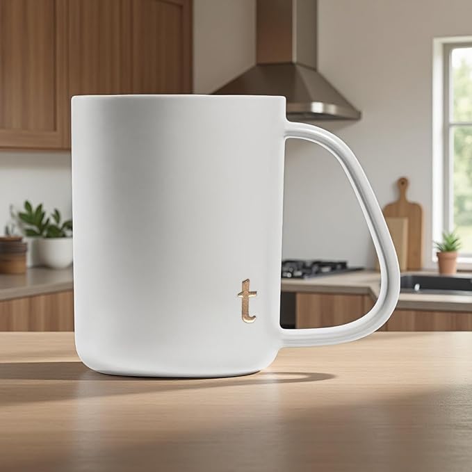 COLLECTIVE HOME - Ergonomic Handle Ceramic Mug, 15 oz Personalized Coffee Cup with Golden Initial, Microwave & Dishwasher Safe, Elegant Monogram Tea Mug in Gift Box for Home & Office (White-t)