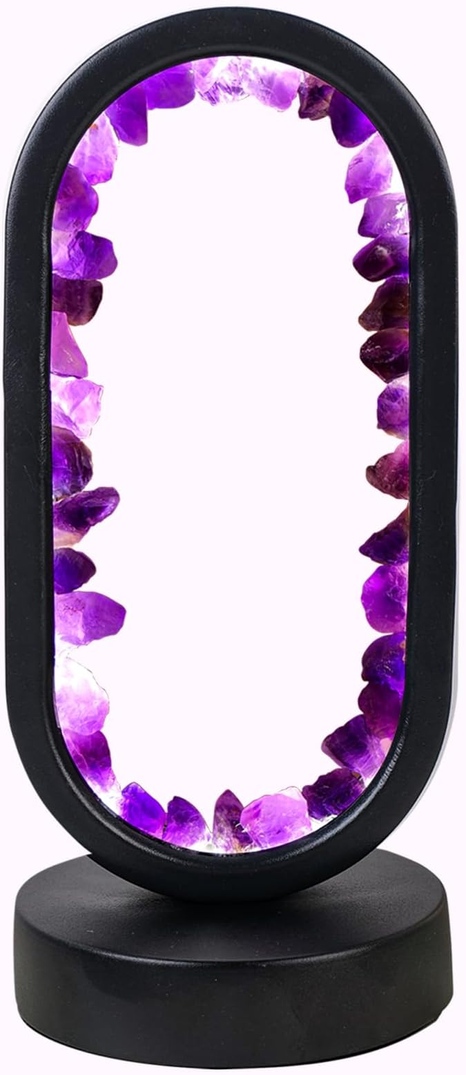 Runyangshi Crystal Lamp Amethyst Raw Stone Ellipse Night Lamp Natural Healing Crystal Night Light Table Lamp Base USB Port 3 Colours Mode for Bedroom Bedside Lamp Office Home Decor Gift