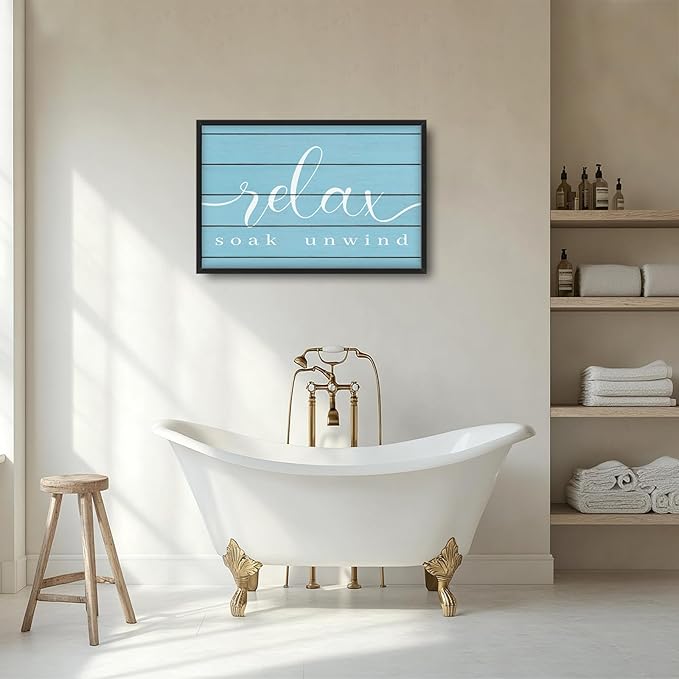 Lovira Relax Soak Unwind Large Wall Art Bathroom Blue Canvas Wall Decor Pictures Prints Painting Framed Home Artwork for Bathroom 24"x36"