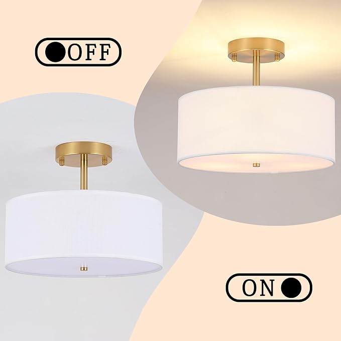 3-Light Semi Flush Mount Ceiling Light Modern Gold Drum Light Fixtures with White Fabric Cover Shade Round Chandelier for Bedroom Living Room Kitchen and Hallway