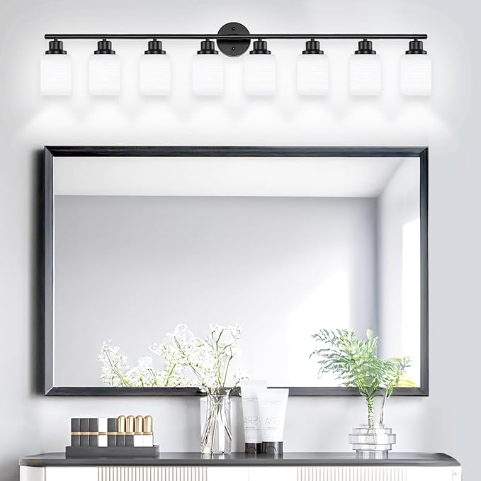 8-Light Vanity Lights, Black Bathroom Light Fixture with Striped Textured Milky White Glass Shade, Modern Vanity Lighting Fixture for Bathroom Wall Light Over Mirror, E26 Wall Sconce