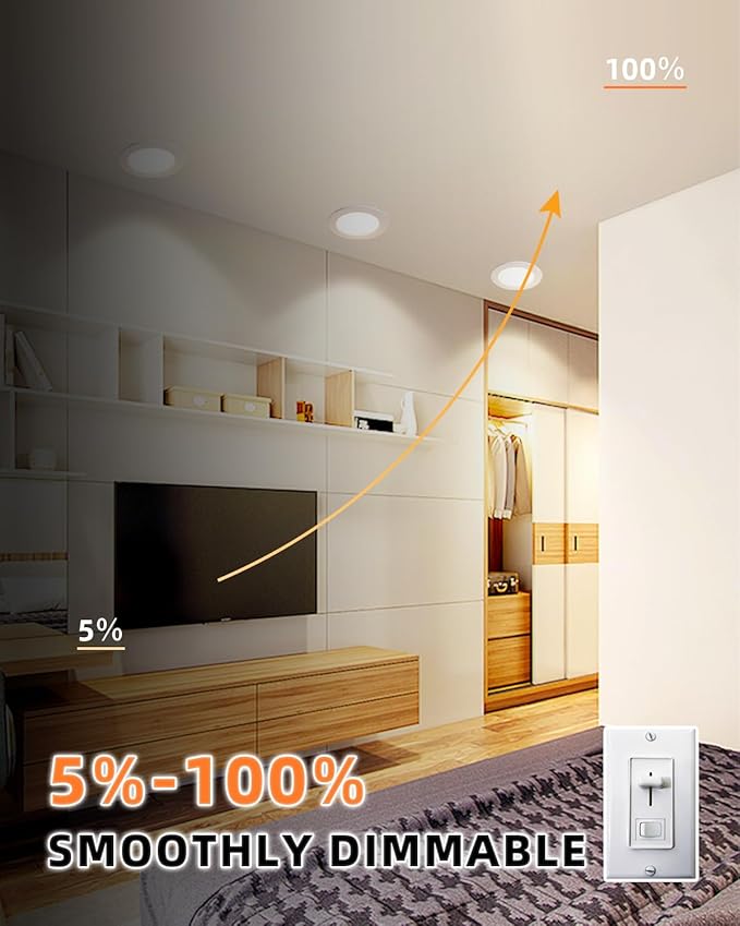 ZYC recessed Lighting 6 inch - 12W 1100LM High Brightness,5CCT 2700K/3000K/3500K/4000K/5000K Selectable,Ultra-Thin LED Recessed Ceiling Light,Dimmable Canless Wafer Downlight,Pack of 6 Gold.