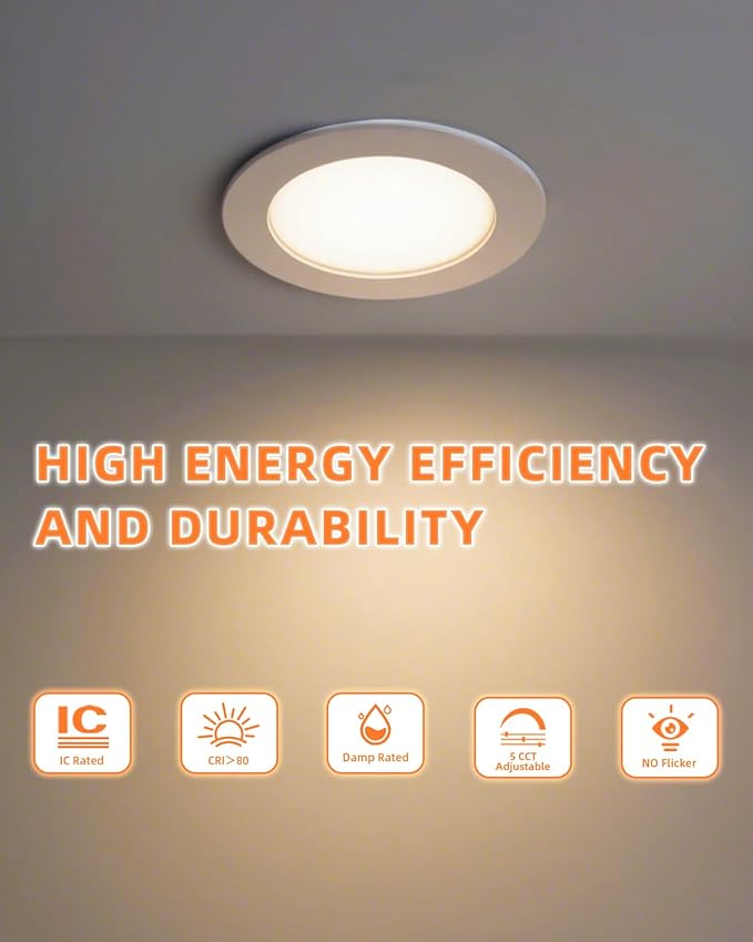 ZYC recessed Lighting 6 inch - 12W 1100LM High Brightness,5CCT 2700K/3000K/3500K/4000K/5000K Selectable,Ultra-Thin LED Recessed Ceiling Light,Dimmable Canless Wafer Downlight,Pack of 6 White.