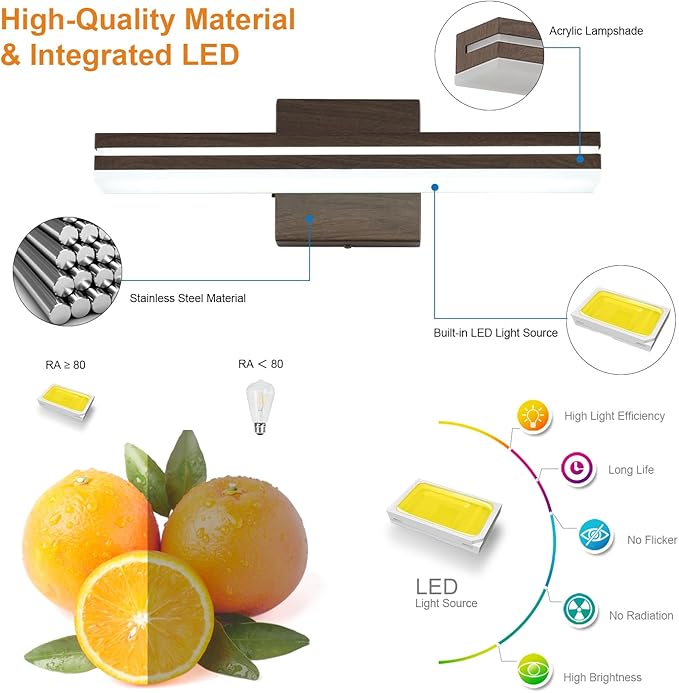 SineRise LED Modern Bathroom Vanity Light Fixtures (16-Inch, 3000K/4000K/6000K, Dimmable), Brown Wood Painted Modern Acrylic Bathroom Wall Lighting Fixtures Over Mirror