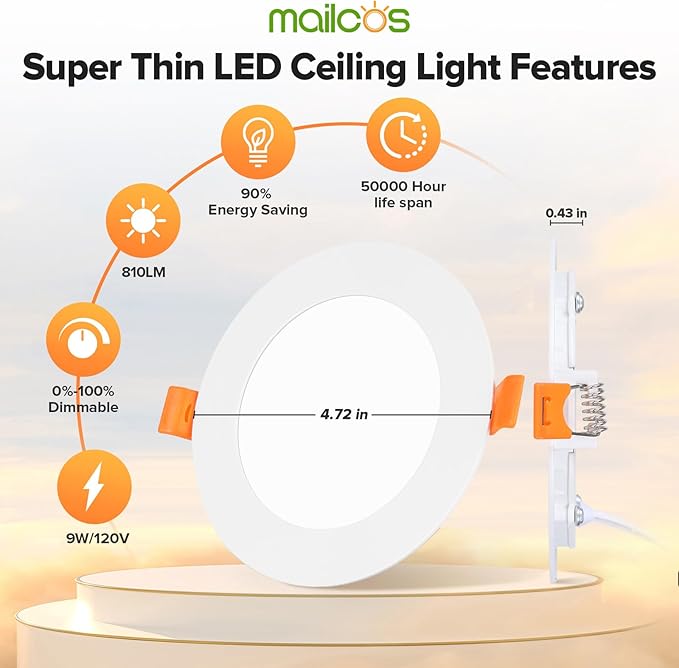 MAILCOS 12 Pack 4 Inch 5CCT Ultra-Thin LED Recessed Ceiling Light with Junction Box, 2700K-5000K Selectable, 810LM High Brightness, Dimmable Canless Wafer Downlight, 9W 120V, ETL