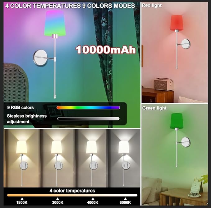 10000mAh Battery Operated Wall Sconces Set of Two, 28 Inches Long Wireless Sconces Set of 2 Wall Light with RGB Rechargeable Magnetic Bulb, Sconces Wall Decor Set of 2 for Bedroom Living Room, Silver