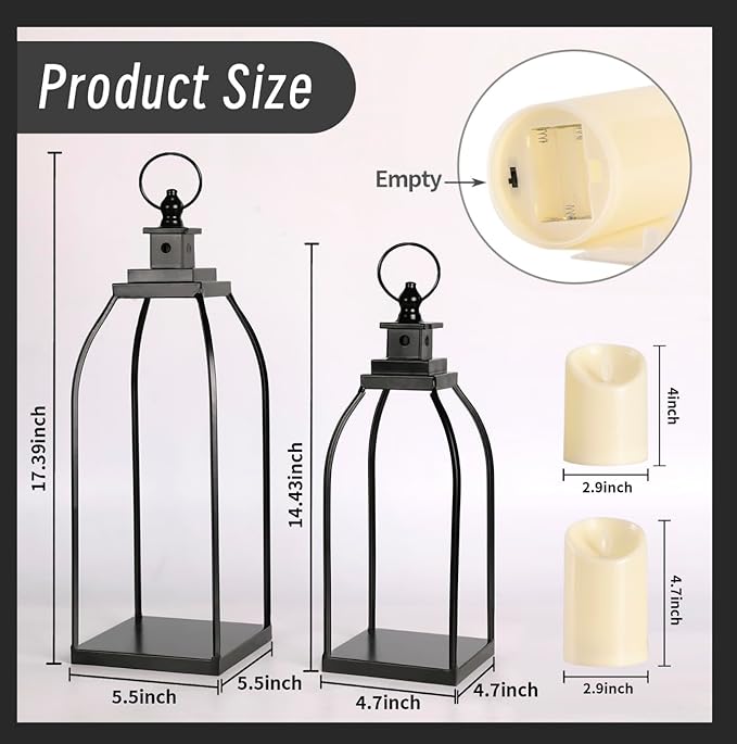 Modern Farmhouse Lantern Decor Outdoor & Indoor- 17'' 14'' Black Metal Candle Lanterns for Christmas, Lanterns Decorative with 2 Flameless Candles for Porch,Patio,Home,Fireplace Mantle Decor