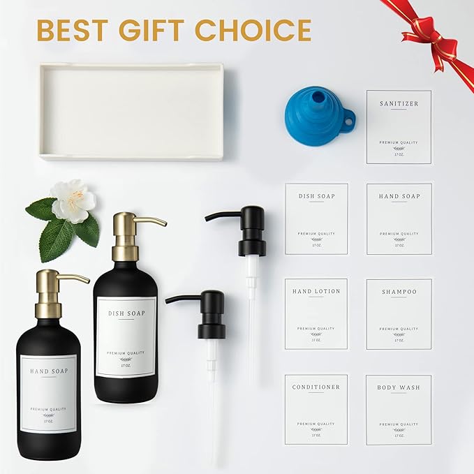 Glass Soap Dispenser for Kitchen Sink,Farmhouse Dish Soap Dispenser&Hand Soap Dispenser Set,Rustproof Pump Lotion Dispenser Bathroom with Tray,Waterproof Label for Kitchen Decor(Black