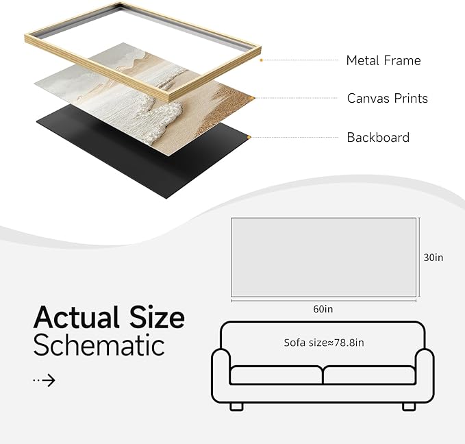 Framed Boho Coastal Beach Wall Art for Living Room, Extra Large Neutral Ocean Canvas Artworks for Walls, Horizontal Abstract Minimalist Coastal Art Print for Bedroom Kitchen Office Walls, 30x60 Inch