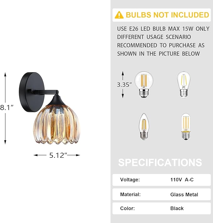 2 Pack 1 Light Vintage Wall Sconces Tulip Amber Glass Lampshade Hradwired Modern Black Wall Lighting Fixture for Bedside Bedroom Doorway