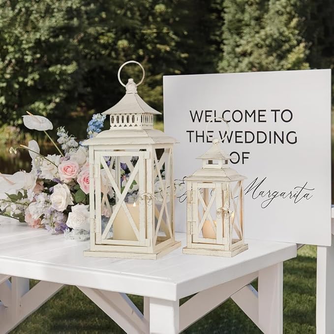 Lanterns Decorative Outdoor&Indoor, Set of 2 (14"&10") Beige Metal Lantern Decor with Glass, Candle Holder for Porch, Patio, Garden, Balcony, Wedding, Table Centerpiece