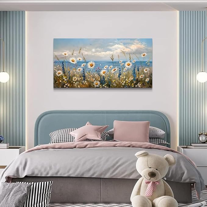 Wapluam Blue Ocean Canvas Wall Art for Living Room Wall Decor For Bedroom Bathroom Decoration Natural Seascape Painting Modern Office Wildflowers Artwork Large Pictures Home Decor Ready To Hang