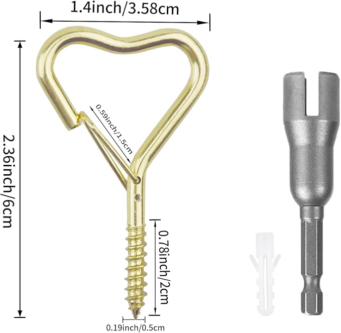 Lamp Wire Hook,Heart-Shaped Screw-in Wall Hooks for Outdoor Decor, Champagne Metal, Key Hook,Decorative Plant Hanging,Clothes Hook (Gold, 10Pcs)