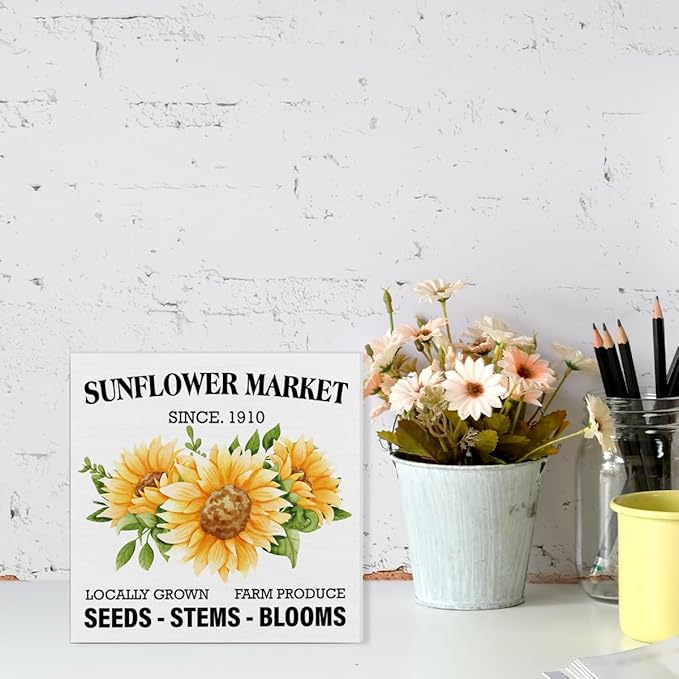 Summer Sunflower Sign Decor Sunflower Market Wood Block Sign Farmhouse Home Desk Table Shelf Decoration