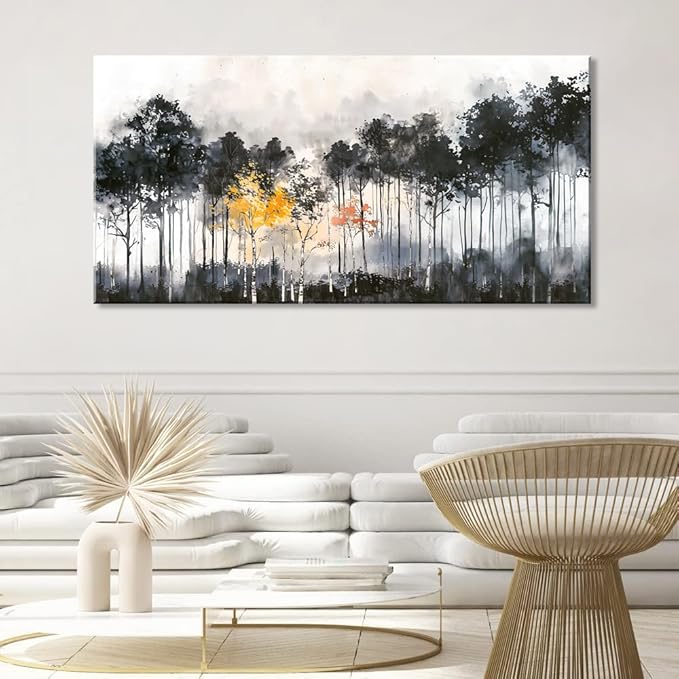 ZESTFLICKR Wall Art canvas for ink wash painting black and white trees forest traditional Chinese painting of Study office living home decoration. (20x40inch)