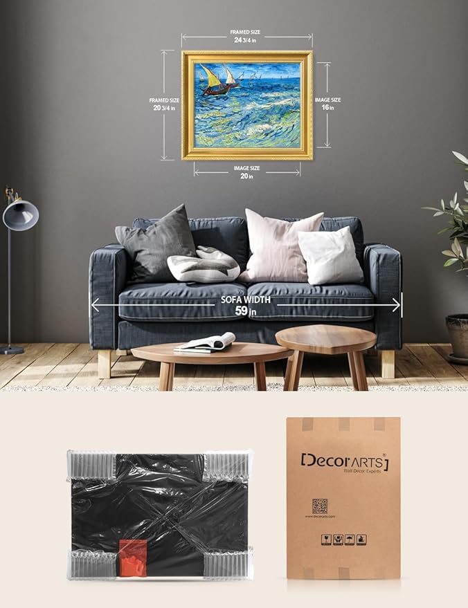 DECORARTS - Fishing Boats at Sea by Vincent Van Gogh. Giclee Print on Acid-Free Canvas in Gold Solid Wood Frame. Picture Size: 20x16, Total Size: 24.75x20.75, Made in USA