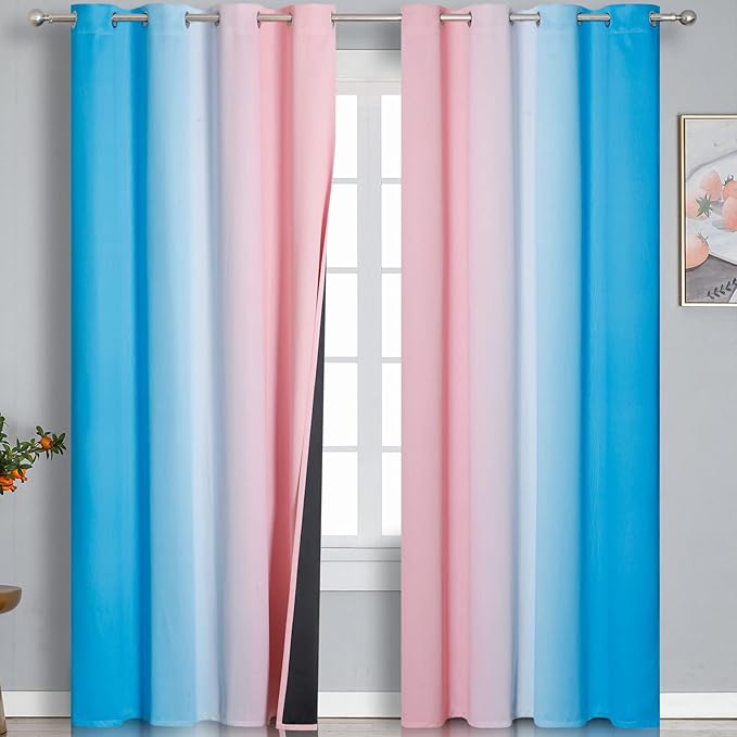 Estelar Textiler Pink and Blue Ombre Blackout Curtains 96 Inches Long, Full Room Darkening Grommet Curtains for Bedroom, Thermal Insulated Gradient Drapes for Living Room,52x96 Inch, 2 Panels
