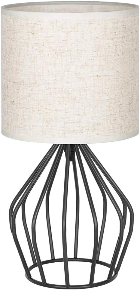 HAITRAL Black Modern Table Lamp - Minimalist Small Bedside Lamp with Hollowed Out Base Linen Fabric Shade, Vintage Nightstand Lamp for Bedroom Living Room Side Table Desk Kids Room