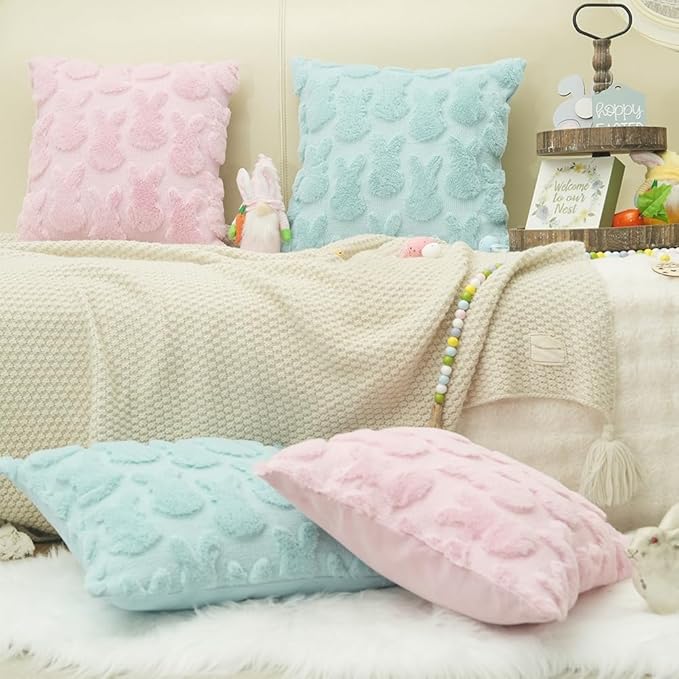 GEEORY Easter Bunny Soft Plush Pillow Covers, 16 x 16 Inch Set of 2, Fluffy Faux Fur Wool Decorative Farmhouse Cushion Case for Sofa Home Decoration Blue GC014-16