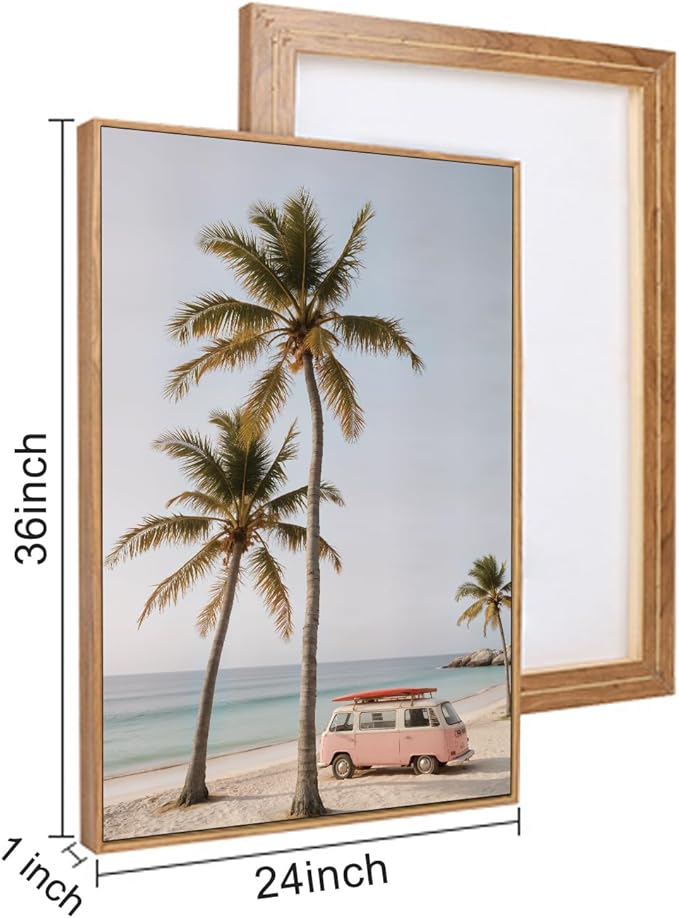 HPINUB Beach Seascape Framed Canvas Wall Art Set,Palm Tree Surfboard Nature Wall Decor,Modern Coastal Landscape Artwork Relax Summer Ocean Art Print for Living Room,Bedroom,Bathroom Decor-24 x36 x3