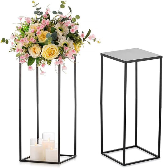 Sziqiqi Wedding Centerpieces Vase for Tables with Plates - 2 Pcs Metal Column Geometric Flower Stand 23.6in Black Flower Display Rack Decorations for T-Stage Reception Party Fiesta Event Home