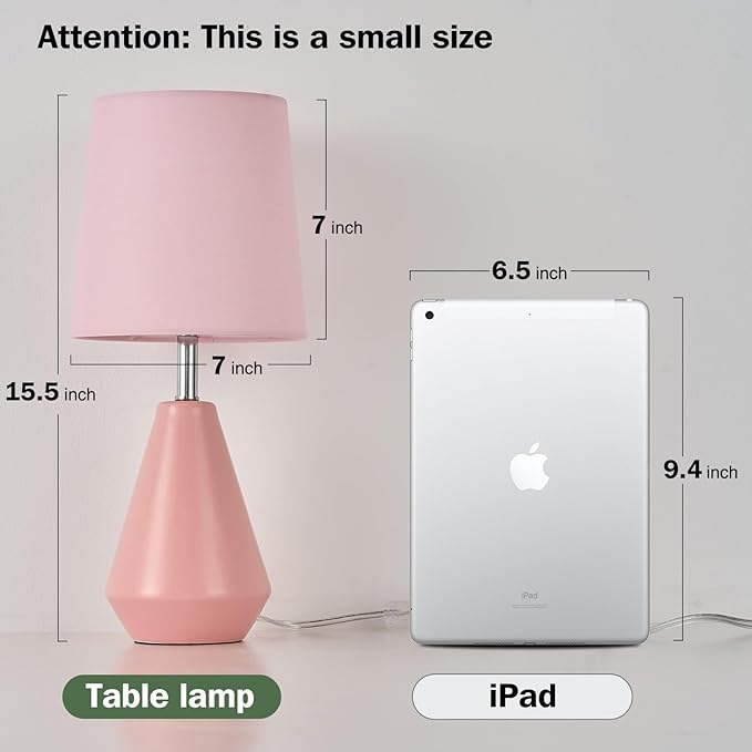 Small Bedside Table Lamp for Bedroom-Reading Desk Lamp Set of 2,with 3 Color Temperatures,15.5" Nightstand Ceramic Lamp with Fabric Shade for Kids Room,Living Room,Dorm,Home Office(Pink)