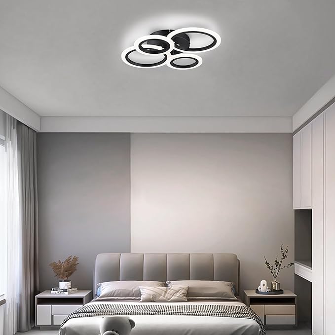 Modern LED Ceiling Light, Black 4 Rings Flush Mount Ceiling Light, 4000K Lighting Fixture Ceiling Lamp for Kitchen, Bedroom, Living Room, Laundry Room