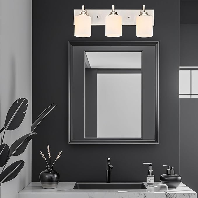 Bathroom Light Fixture, Brushed Nickel | 24 Inch 3 Lights, White Glass Shade, Farmhouse Style - Vanity Lights for Bathroom, Living Room, Bedroom