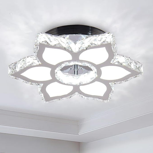 FRIXCHUR Crystal Chandelier Modern LED Flower Shape Chandeliers Ceiling Light Fixture Flush Mount Ceiling Lamp for Bedroom Living Room Dining Room Foyer(Cool White),13.4"